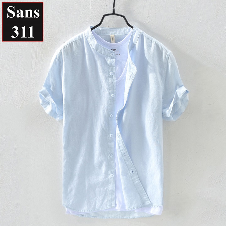 Áo sơ mi nam ngắn tay Sans311 chất linen đũi trơn nhẹ thoáng mát đẹp cổ tàu trụ trắng xanh dương xám nhạt than be