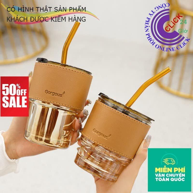 Cốc Thủy Tinh Kèm Bao Da Có Nắp Và Ống Hút 450ml, Ly Uống Nước - Hàng Cao Cấp Siêu Sang