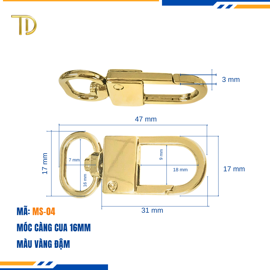 Móc càng cua túi xách,móc khóa càng cua túi xách,móc chó túi xách 16mm Mạ điện bền 5-8 năm