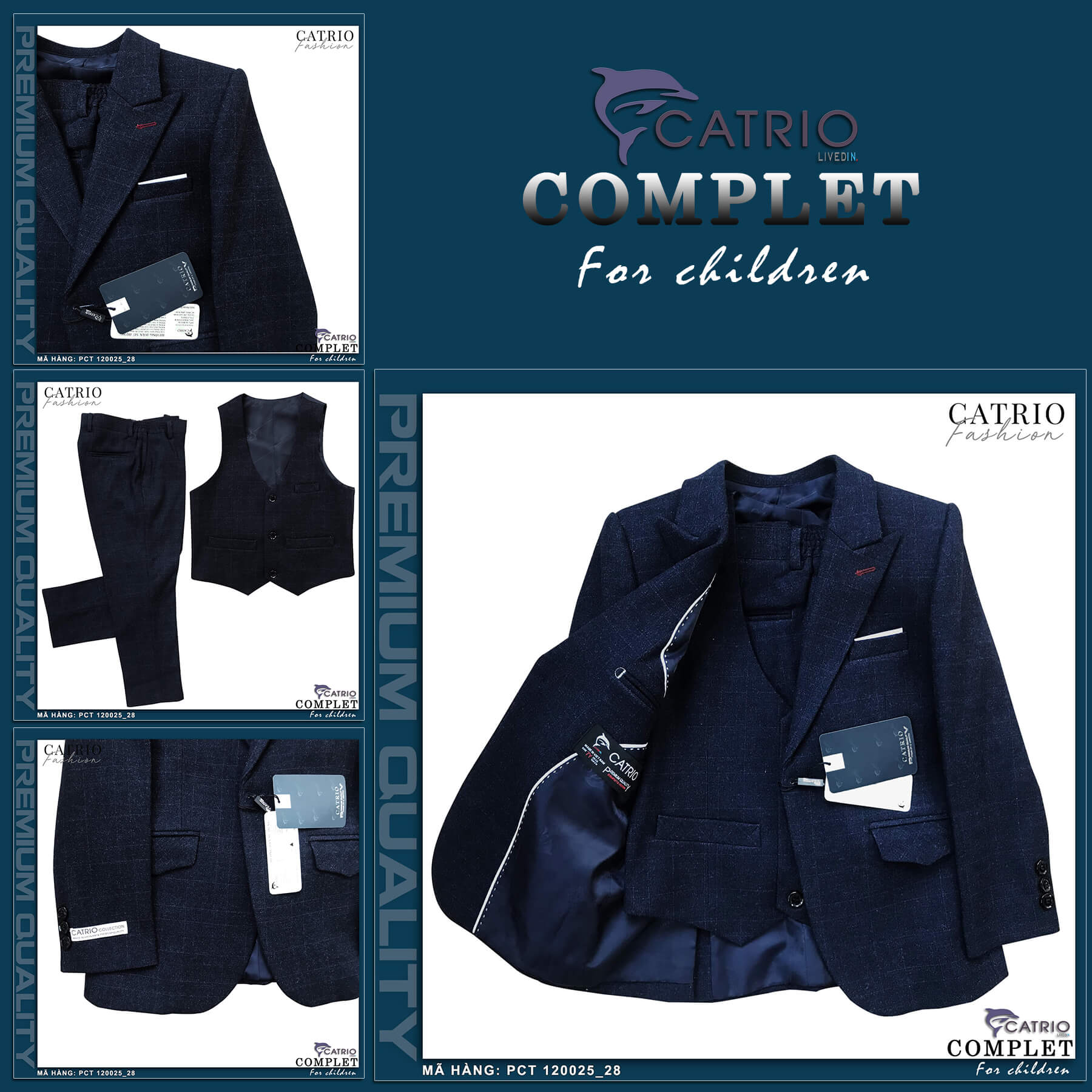 BỘ VEST BÉ TRAI CATRIO PCT120025/28 là bộ complet veston trẻ em từ 2 tuổi đến 12 tuổi thuộc BST quần áo trẻ em CATRIO mùa lễ tết, tiệc cưới hỏi, dạ hội sinh nhật