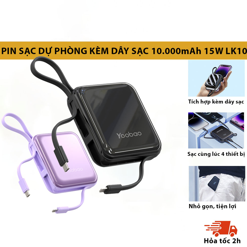 Sạc Dự Phòng Yoobao 10000mAh Sạc Nhanh Tích Hợp Dây Sạc Type-C &amp; IPH, Màn Hình Hiện Phần Trăm Pin YOOBAO LK10 - HÀNG NHẬP KHẨU