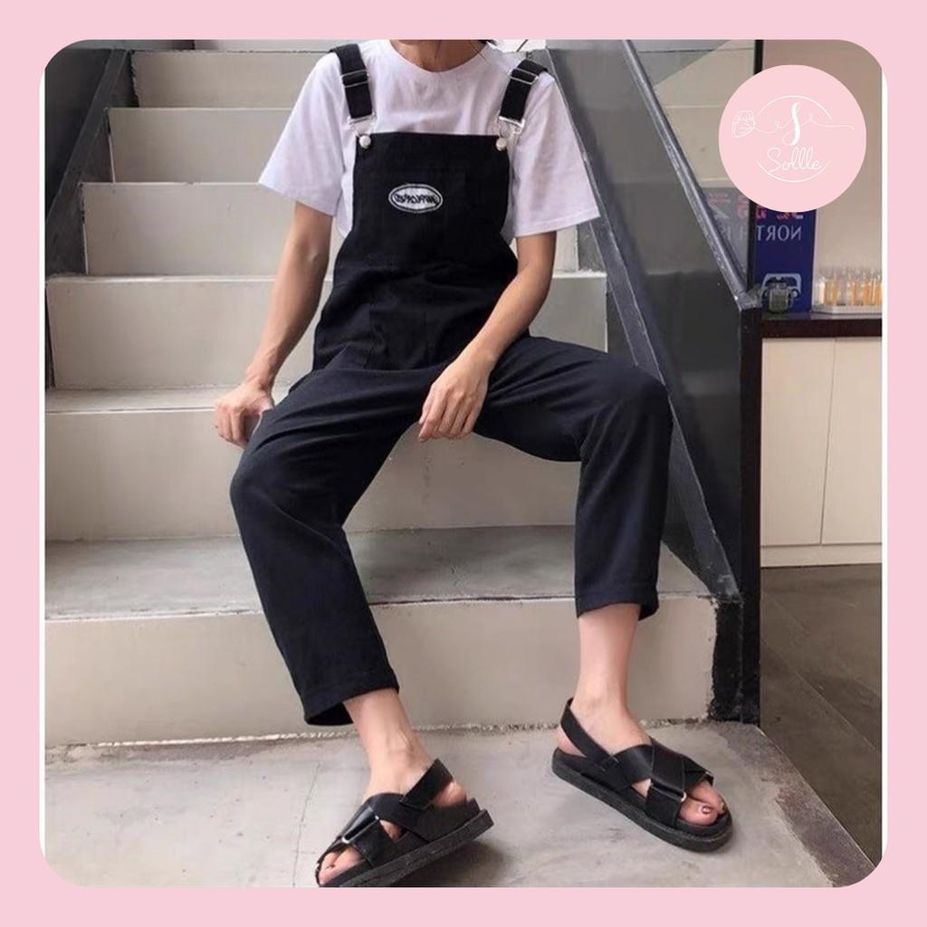 Quần yếm kaki basic dáng suông Unisex, yếm 2 dây thêu chữ phong cách Hàn Quốc