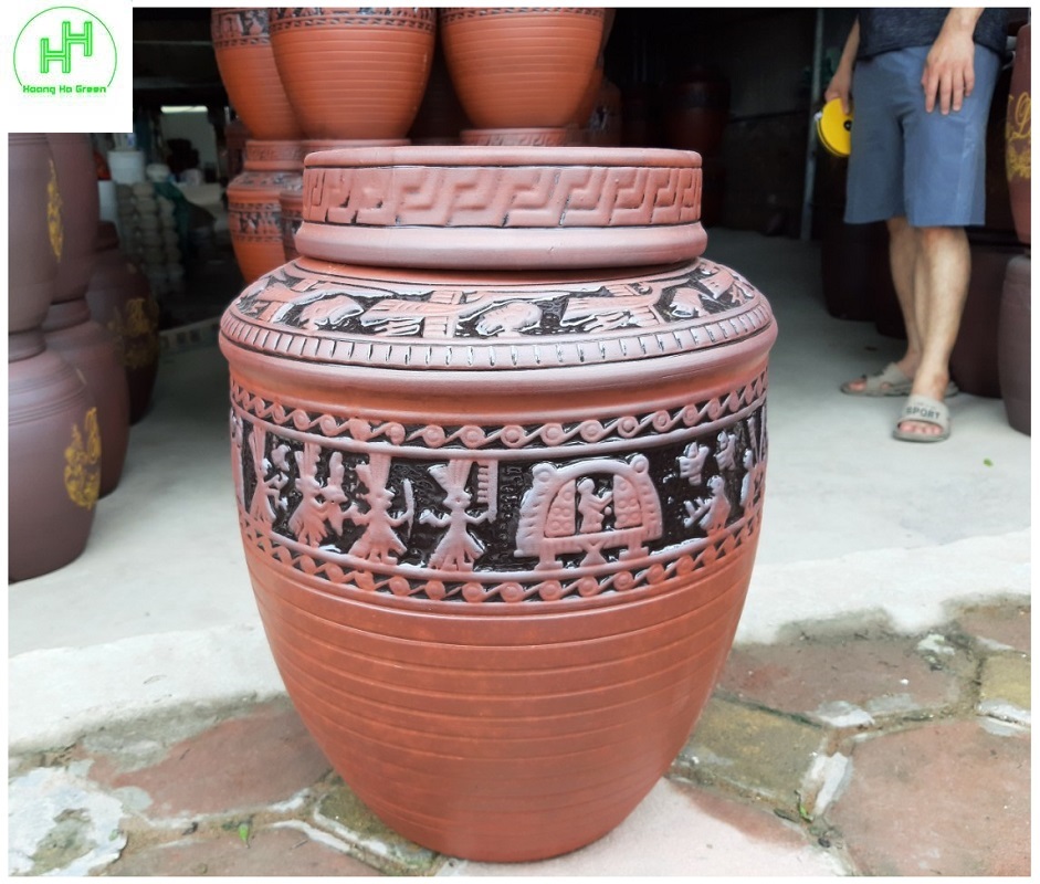 Bình, Chum, Vại ngâm r ượu chạm khắc họa tiết trống đồng, chất liệu Sành Bát Tràng, dung tích 20L