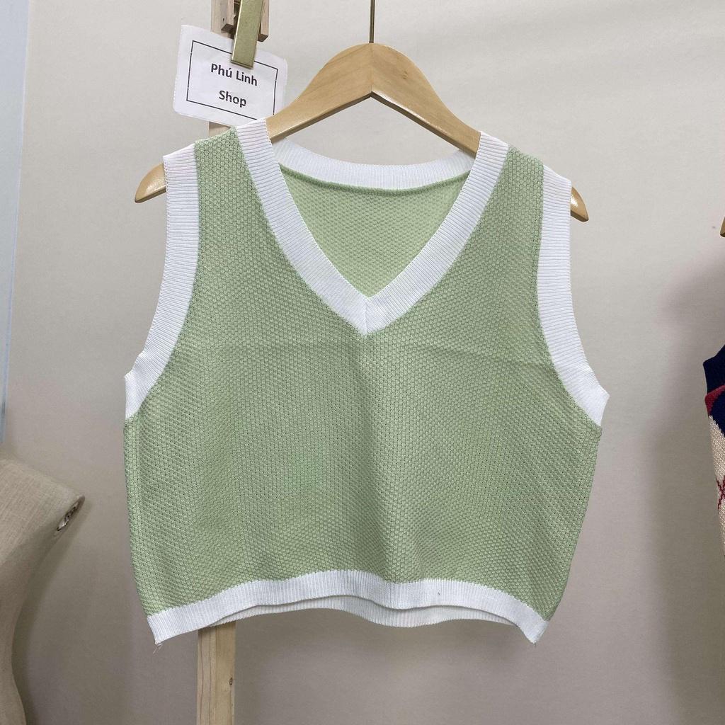 MS882 Áo sát nách nữ len mongtoghi phối viền màu cổ tim dáng ngắn