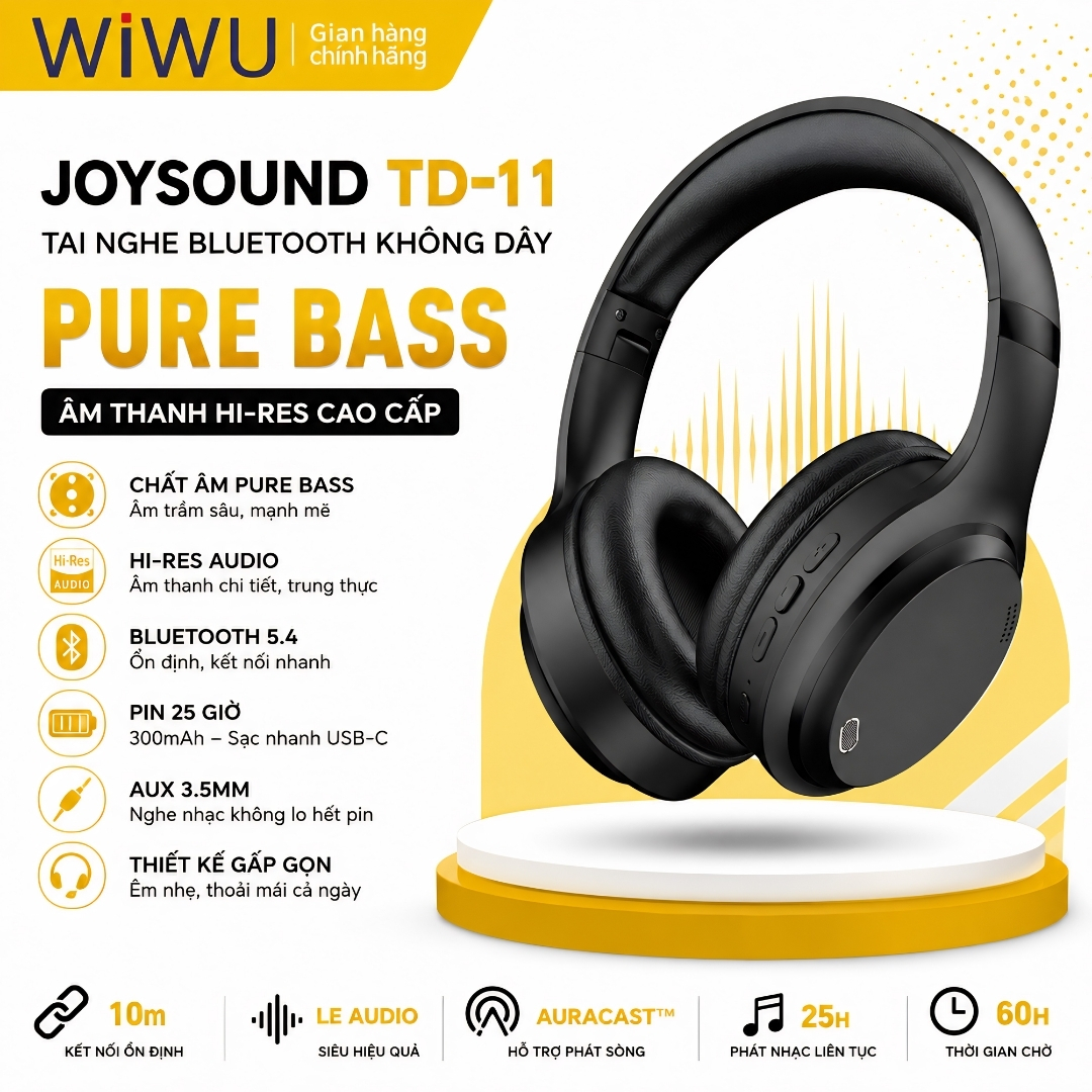 Tai Nghe chụp tai BassNova HF Headset bluetooth V5.3 + Jack AUX 3.5mm WiWU JOYSOUND TD-11 - Pin khủng, cổng AUX 3.5mm cho iPhone iPad Samsung Oppo - Pure Bass + Hi-Res Audio, nghe nhạc 25 giờ,  nghe nhạc lossless chất lượng cao - hàng nhập khẩu