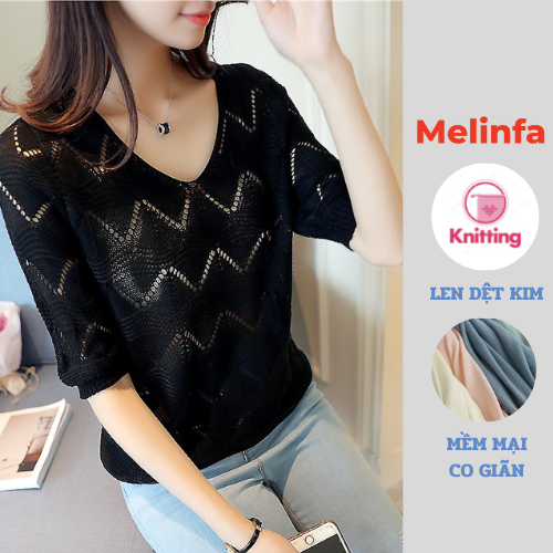 Áo len mỏng nữ cổ V tay lửng dập lỗ len dệt kim mềm mịn co giãn mặc mùa hè mã VAA0314
