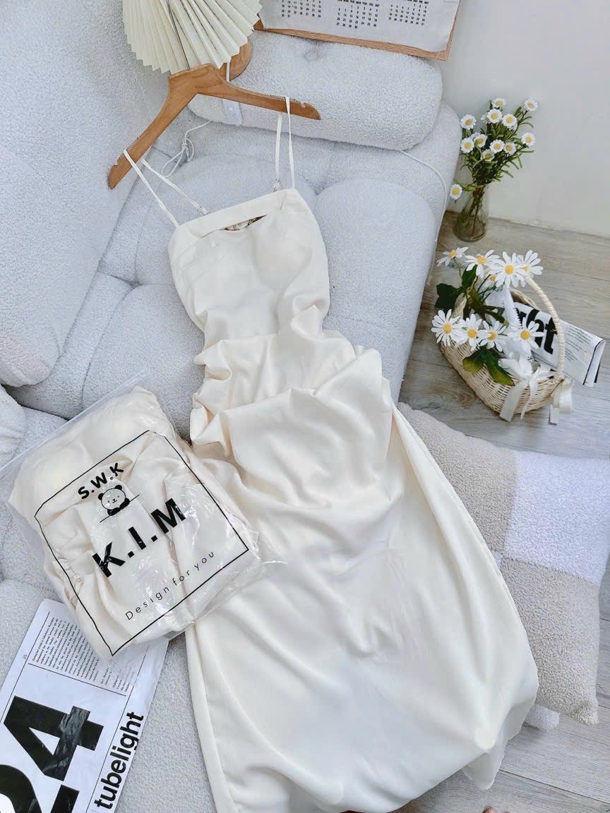 ĐẦM DÀI MIDI SUÔNG TRƠN CỔ U HAI DÂY XẺ TÀ XẾP LY TRẮNG KEM ĐI TIỆC DẠO PHỐ ĐI BIỂN