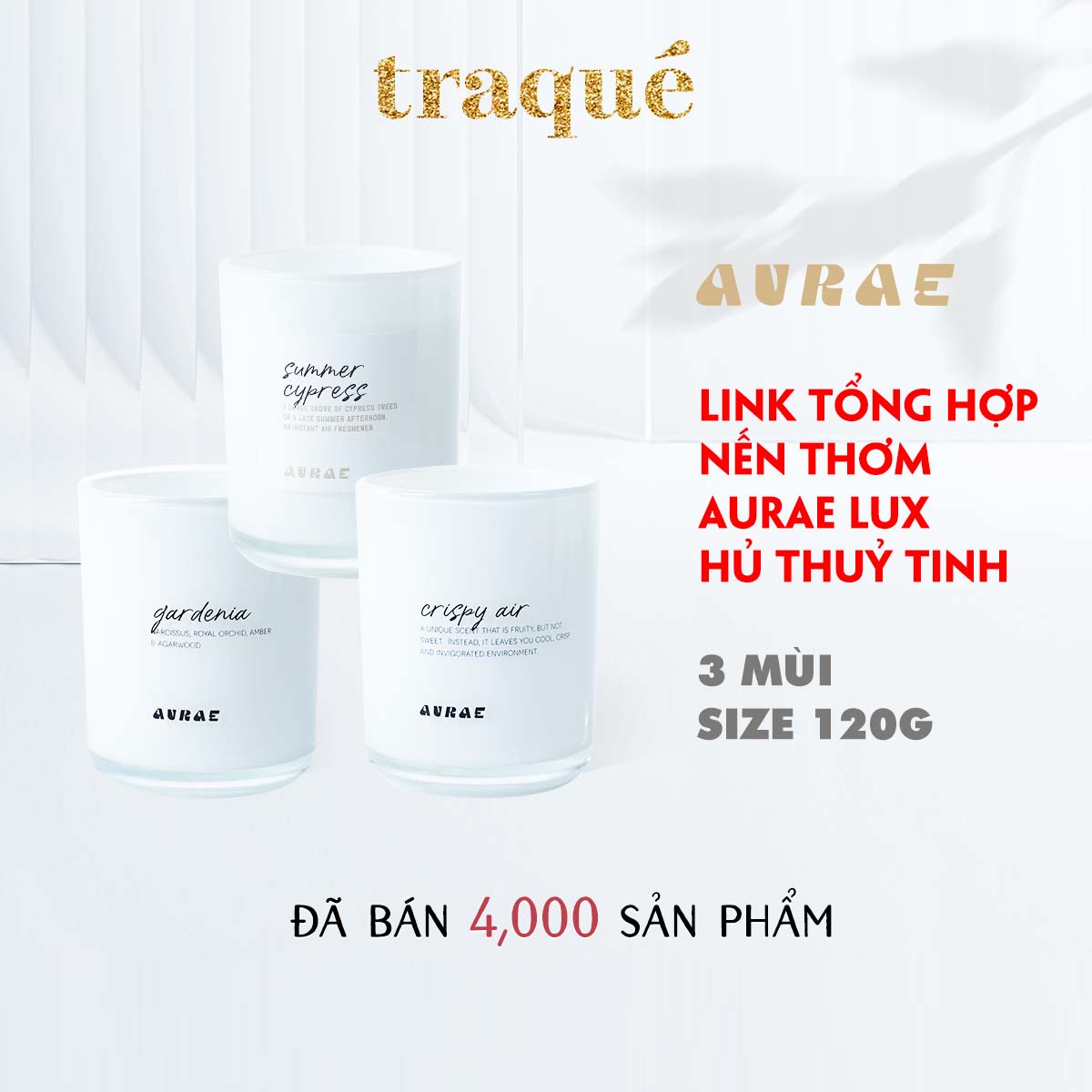 Nến thơm cao cấp - tinh dầu nước hoa sang trọng xuất khẩu Aurae, dùng trang trí nhà cửa và quà tặng