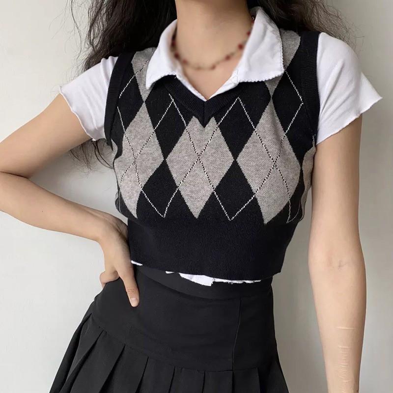 Áo Tank Top Dệt Kim Cổ Chữ V Màu Tương Phản Phong Cách Retro Cho Nữ