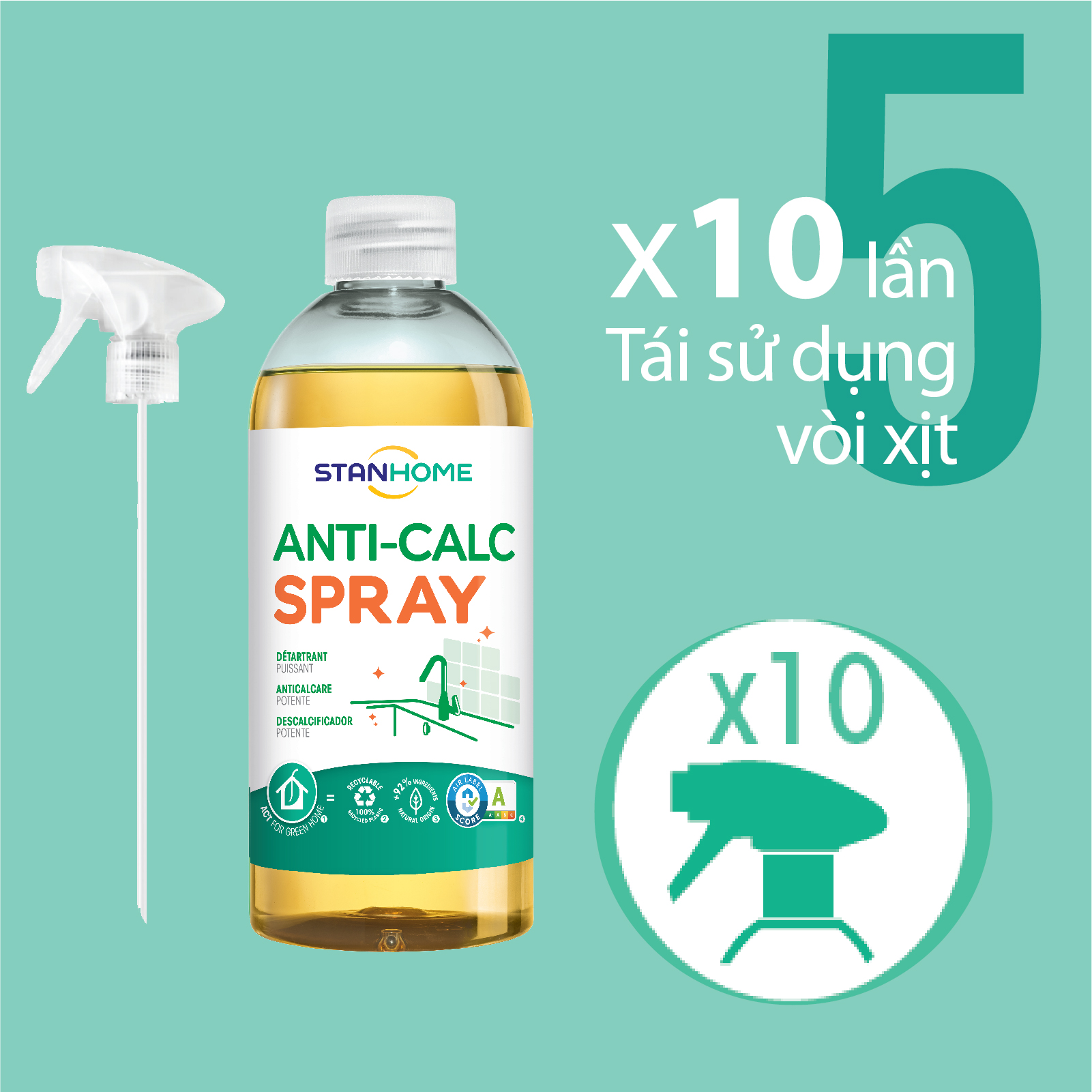 Siêu tẩy cặn canxi nước cứng cho mọi bề mặt và thiết bị trong nhà Anti Calc Stanhome tiêu chuẩn Air Label Ccore 500ml