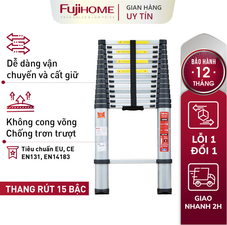 Thang nhôm rút đơn 5M gấp gọn Nhật Bản Fujihome chống trượt, thang rút gia đình xếp gấp gọn 5 mét đa năng có khóa an telescopic ladder