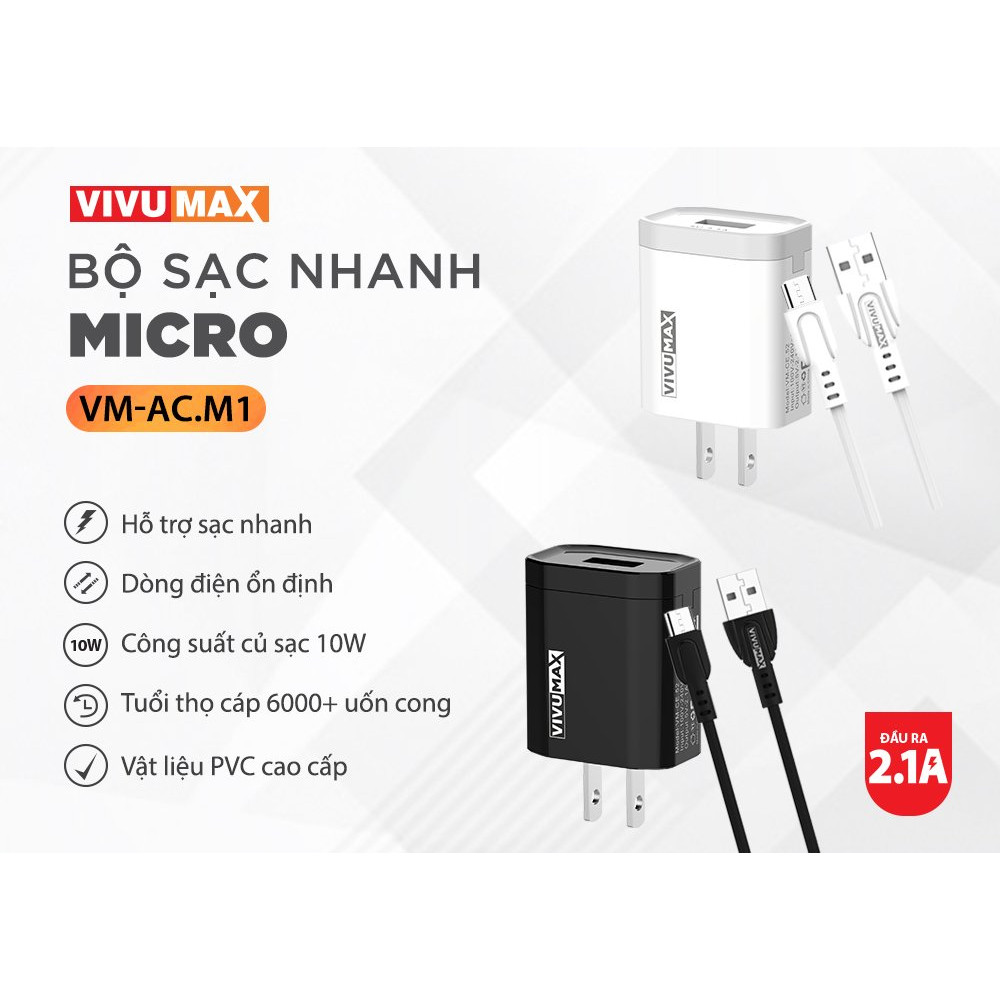 Bộ sạc và truyền dữ liệu VivuMax AC.M1 đầu sạc Micro – Hàng Chính Hãng