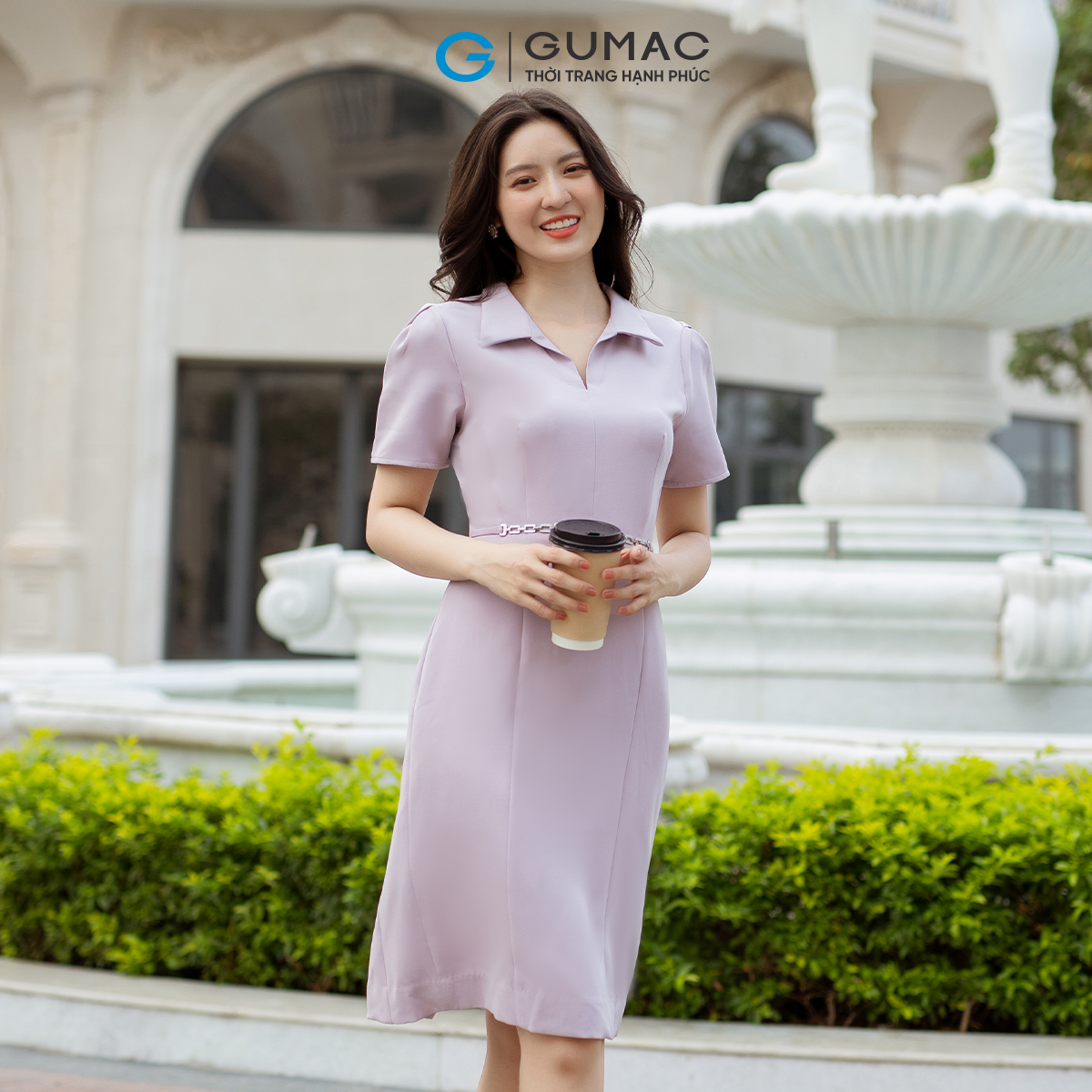 Đầm bút chì tay ngắn cổ V khoen eo thanh lịch sang trọng GUMAC DD07066