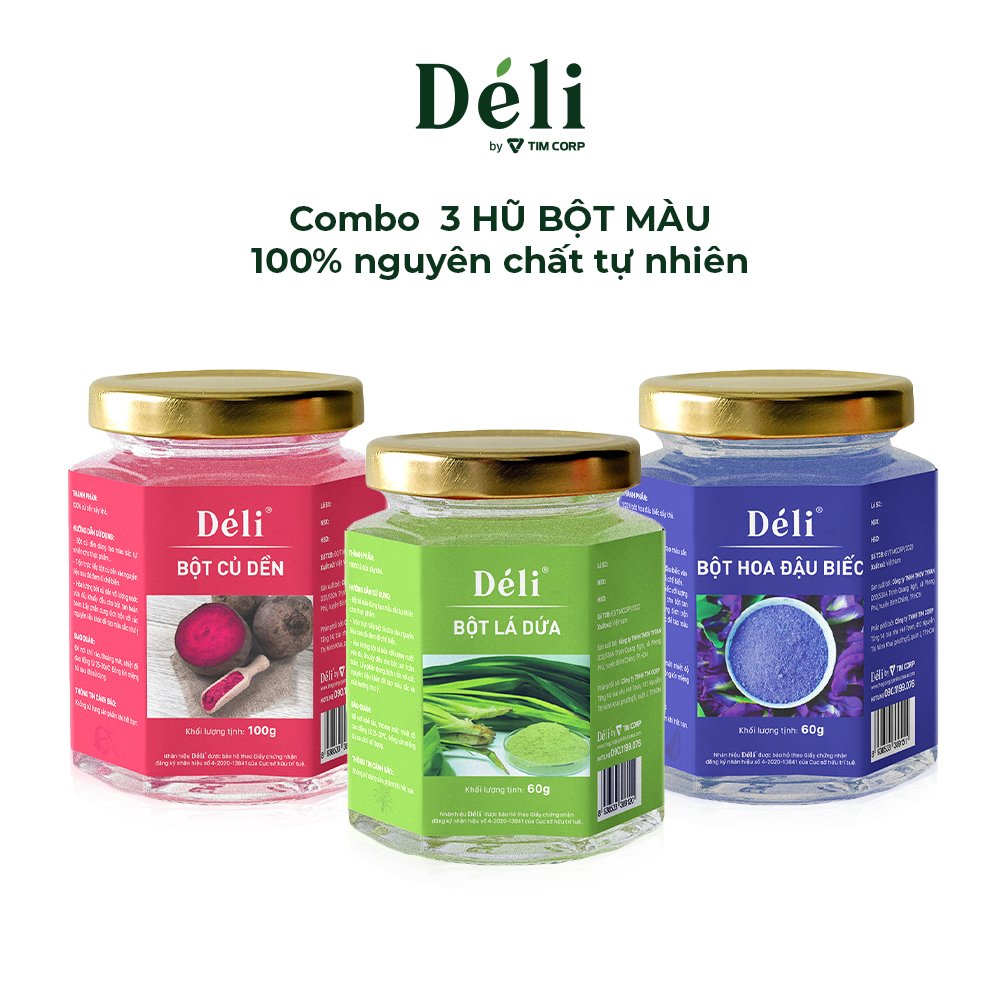 Bột củ dền 100gr+ Bột lá dứa 60gr+ Bột hoa đậu biếc 60gr Déli [COMBO 3 HỦ BỘT MÀU Déli 100% nguyên chất] HSD:18 tháng, bột mịn, dễ hòa tan