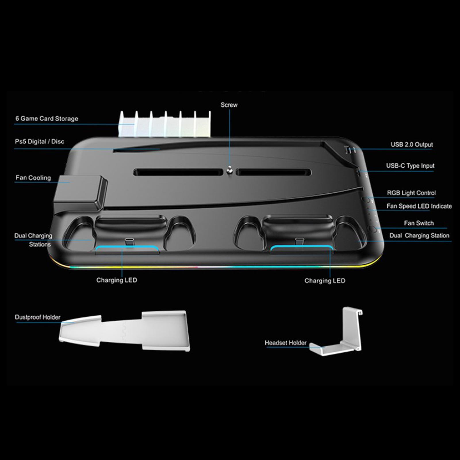 Cooling Stand Controller Charging Station Headphone Hook for PS5 Console