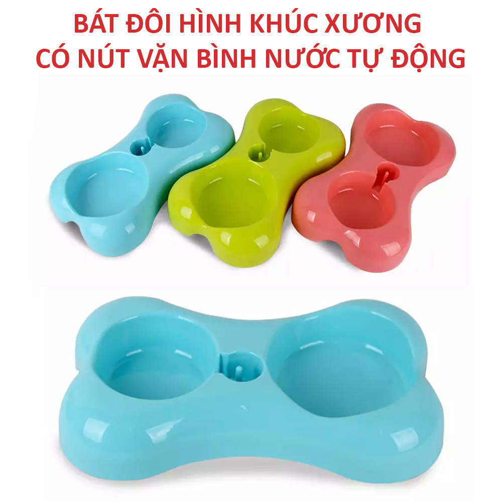 Bát Đôi Hình Khúc Xương Kèm Bình Nước Tự Động Cho Chó Mèo