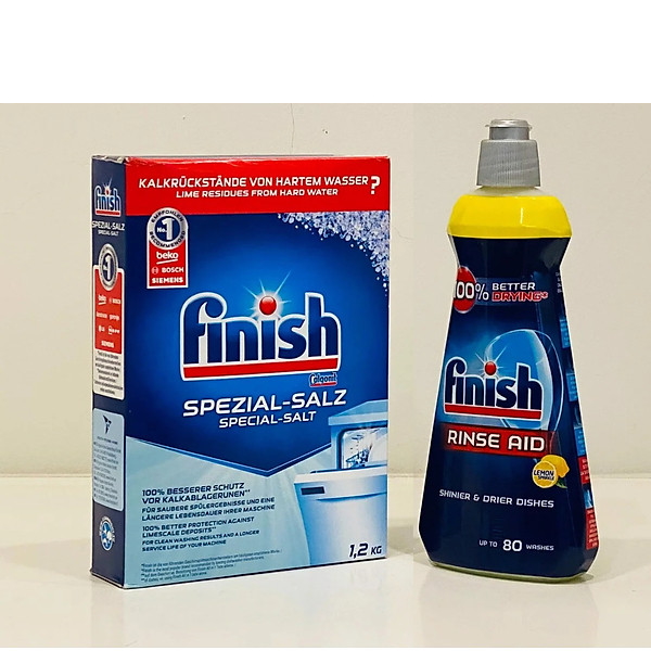 Combo muối Finish 1,2kg và chất làm bóng  Finish 400mml dùng cho Máy rửa bát chén + tặng viên Finish Nhật