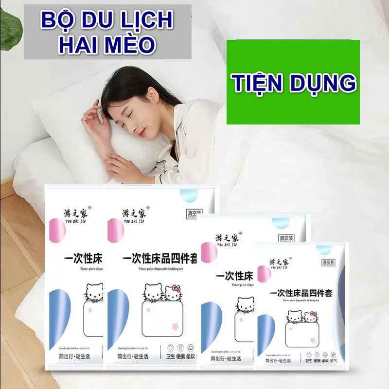 Bộ ga gối du lịch sử dụng một lần mẫu Hai Mèo