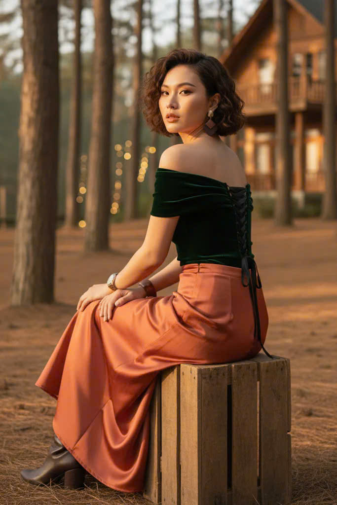 Áo Kiểu Nữ Cao Cấp Áo Trễ Vai Nhung Xanh Thời trang thiết kế Hity TOP115