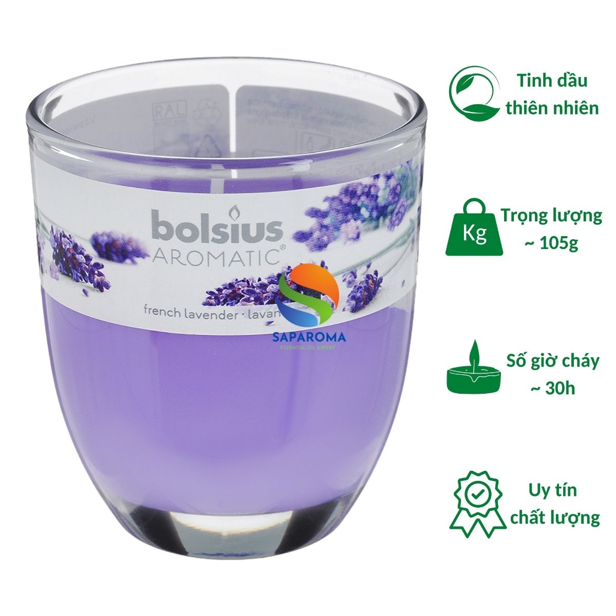 Ly nến thơm tinh dầu Bolsius French Lavender 105g QT024340 - hoa oải hương, nến trang trí, thơm phòng, thư giãn, Hỗ trợ khử mùi