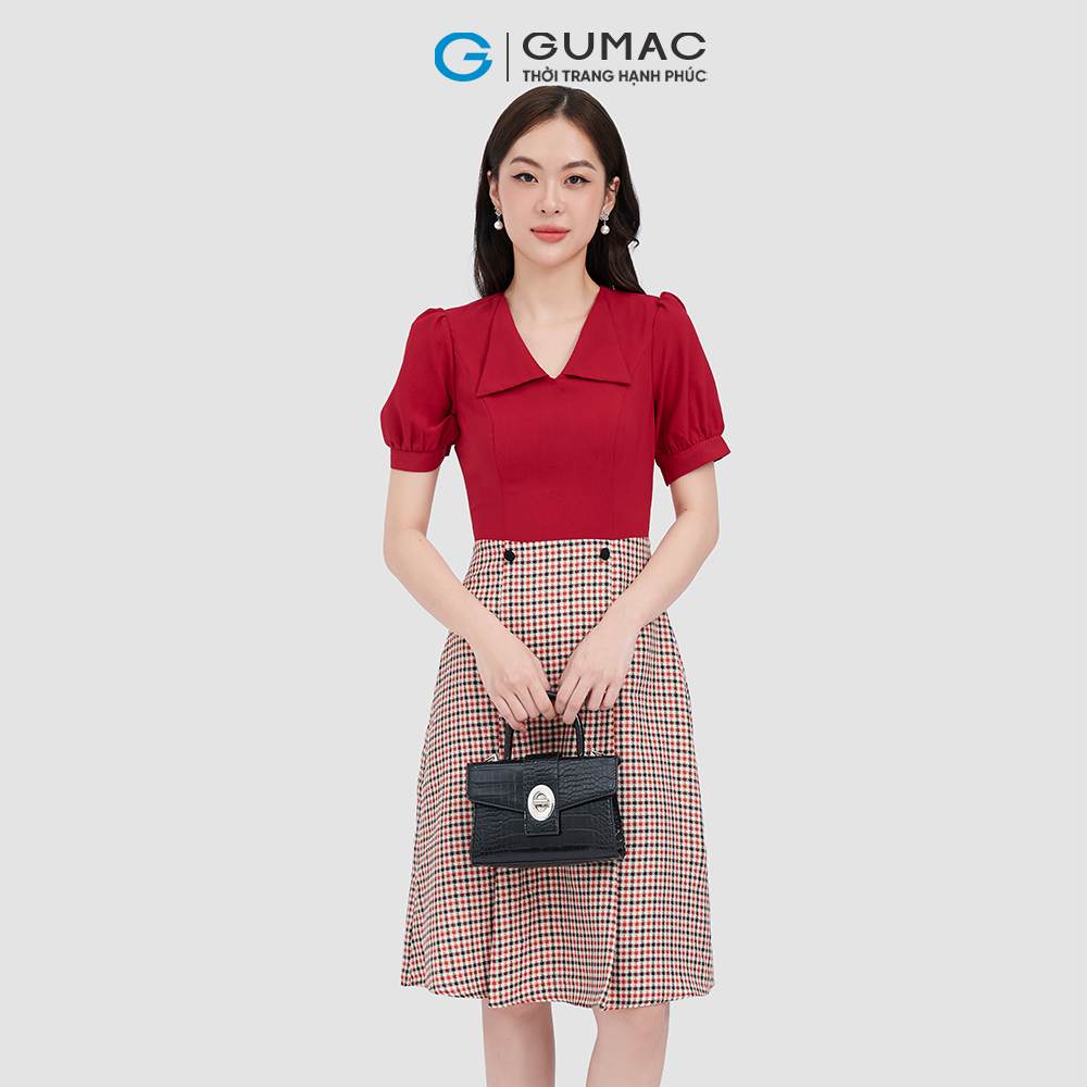 Đầm form A GUMAC LD1014 cổ bẻ phối nút thời thượng