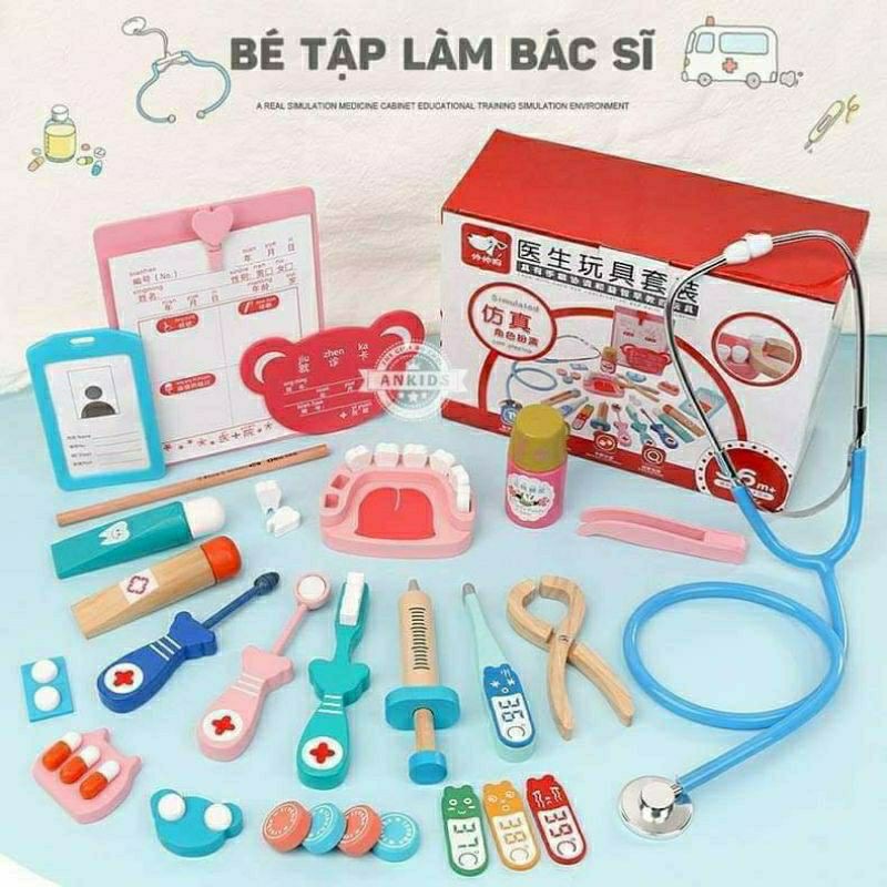 [HỎA TỐC] Đồ chơi bác sĩ bằng gỗ cho bé 24 chi tiết, Đồ chơi nhập vai nha khoa cao cấp chất liệu gỗ an toàn cho trẻ em