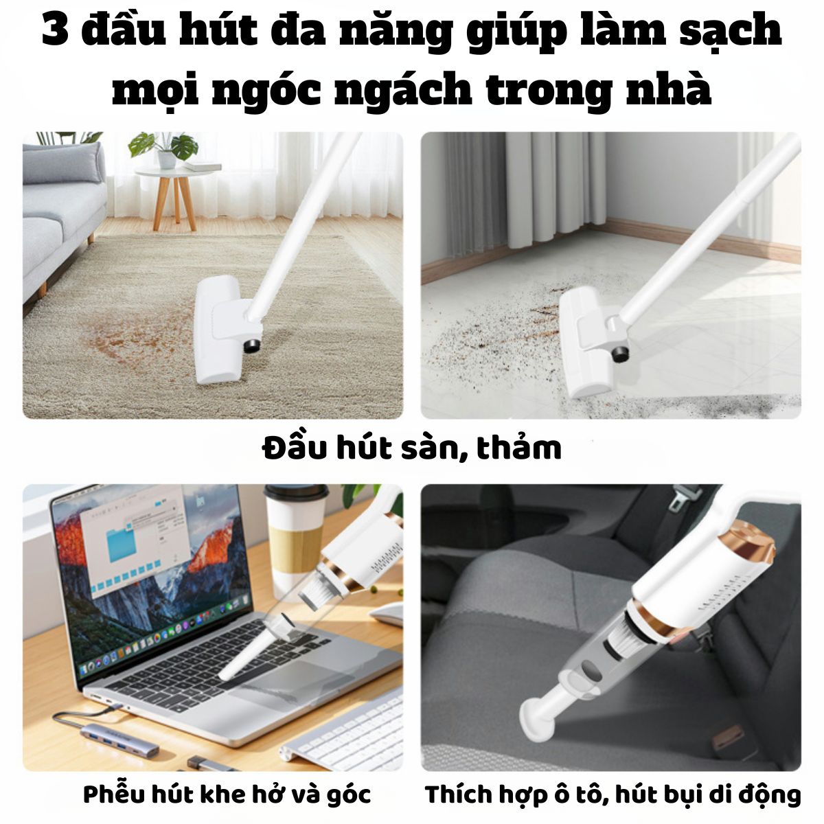 Máy Hút Bụi Cầm Tay Mini Không Dây Pin Sạc, Lực Hút Siêu Mạnh12000PA, Hút Bụi Ô Tô, Giường Nệm, Sofa, Laptop Nhỏ Gọn, Đa Năng, Dễ Sử Dụng