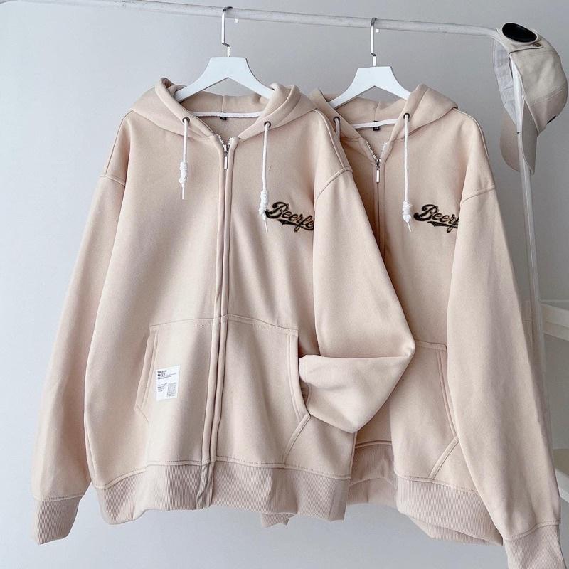 Áo khoác dây kéo nỉ lót bông form rộng chữ thêu BEERFER unisex