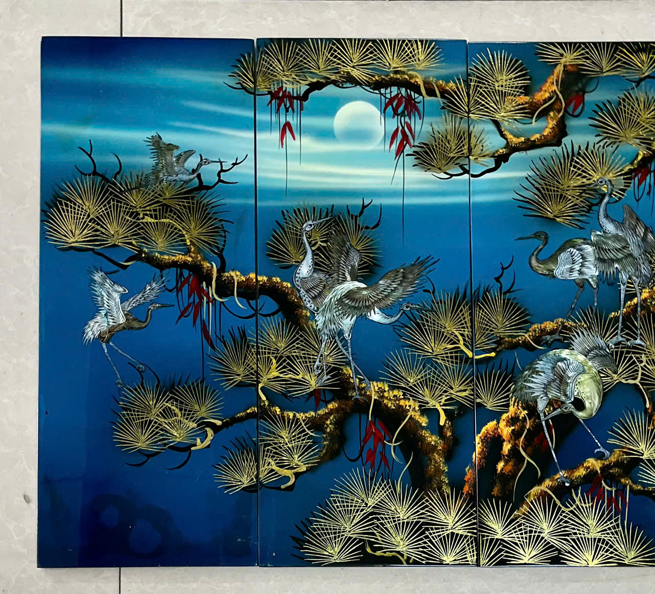 Bộ Tranh sơn mài 4 tấm -TÙNG HẠC DIÊN NIÊN - khảm cừ size 50x80 cm - Ý Nghĩa Phong Thủy