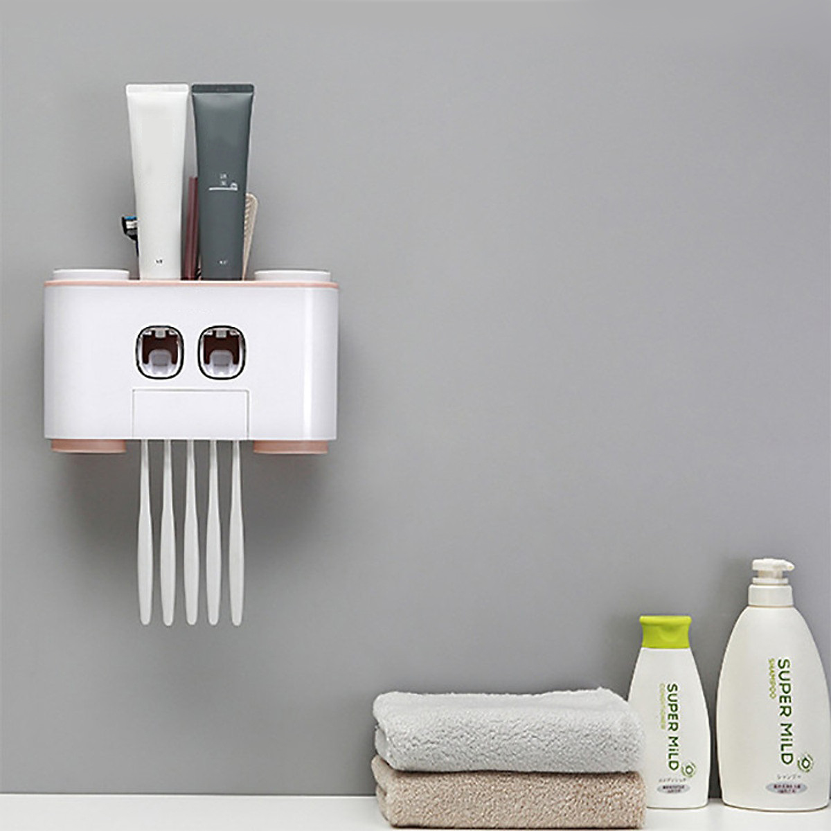 Kệ Nhả Kem Đánh Răng Tự Động Thông Minh Kết hợp rãnh để đồ & treo cốc - Tặng kèm 4 Cốc Hút Từ Tính - Kệ Nhà Tắm Dán Tường Tiện Ích - Giao màu Ngẫu Nhiên
