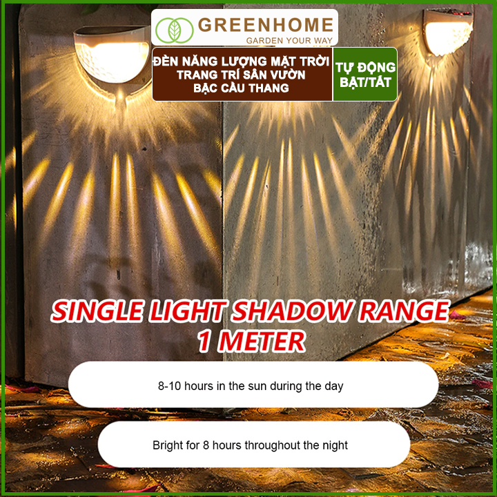 Đèn Led Năng Lượng Mặt Trời Greenhome, D9xR5xC6cm, Vàng Ấm, Chống Nước, Ốp Lan Can, Trang Trí Ban Công, Sân Vườn