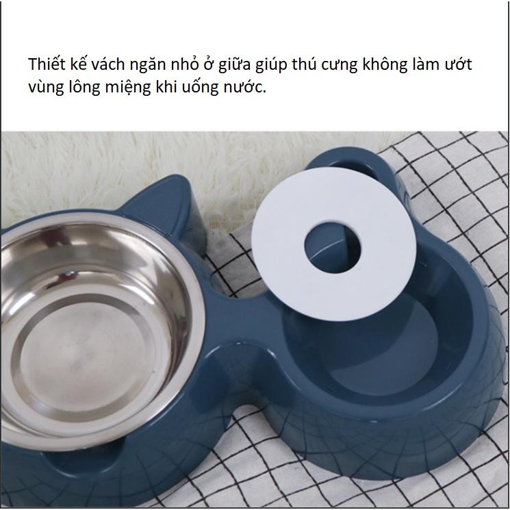 Bát ăn đôi hình tai mèo lõi inox kèm bình nước tự động cho chó mèo, cho thú cưng siêu dễ thương