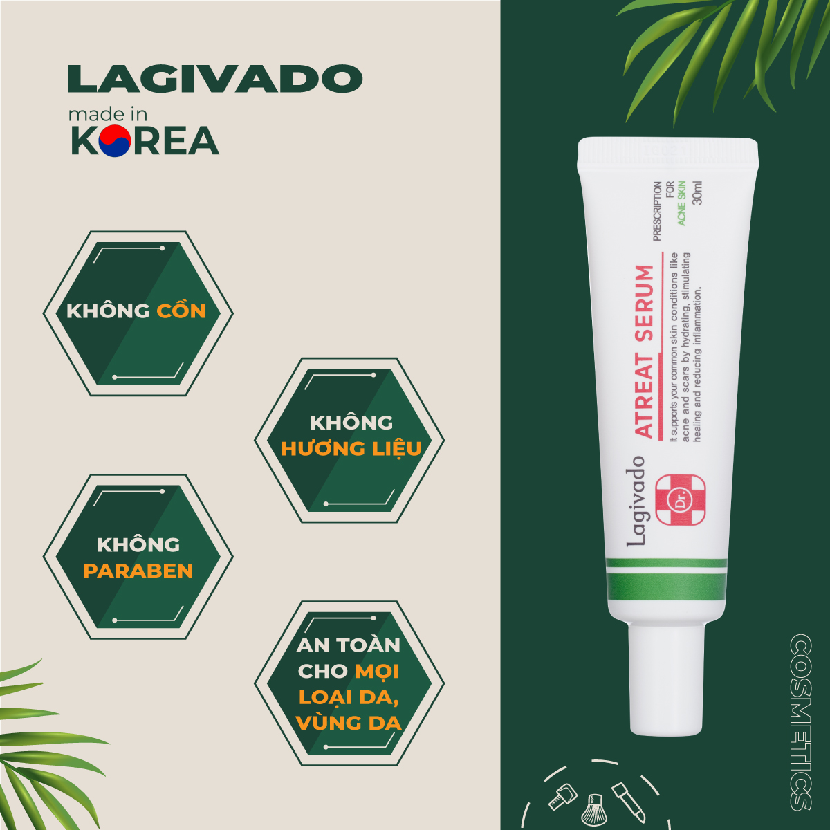 Bộ ba kem dưỡng ngăn ngừa mụn, giảm mụn viêm Lagivado Atreat Cream 30g và serum ngừa thâm, không để lại sẹo 60 ml