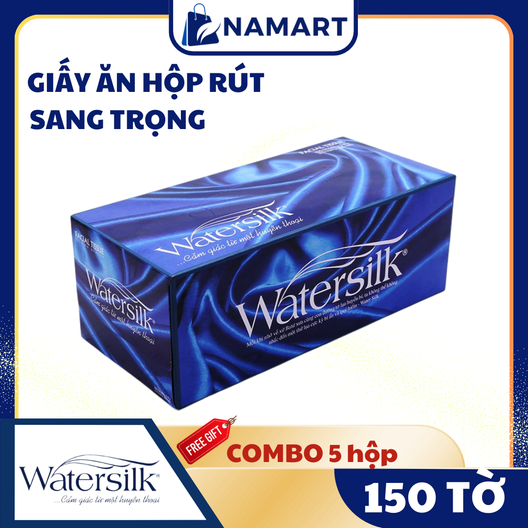 COMBO 5 Hộp Khăn lau mặt Watersilk 150 tờ/hộp, 2 lớp dai mịn - Hộp giấy ăn sang trọng - Hàng chính hãng.