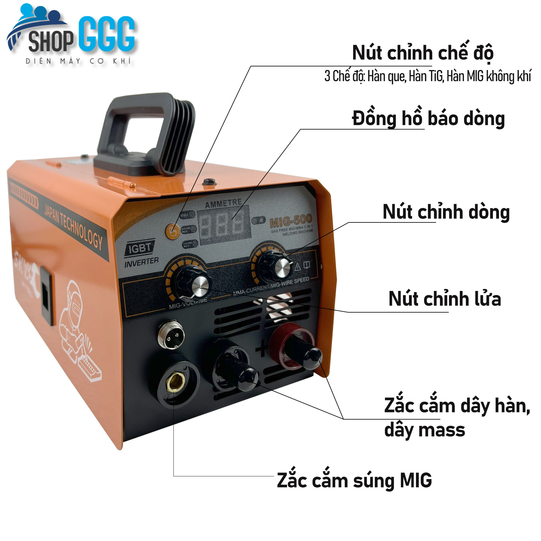 Máy Hàn MIG Không Dùng Khí SKYTOOL MIG500 - Máy hàn điện tử 2 chức năng: Hàn que - Hàn MiG không khí | Đủ bộ dây hàn, kẹp mass, dây tig | Tặng cuộn dây hàn không khí 0.8mm - 1kg, găng tay