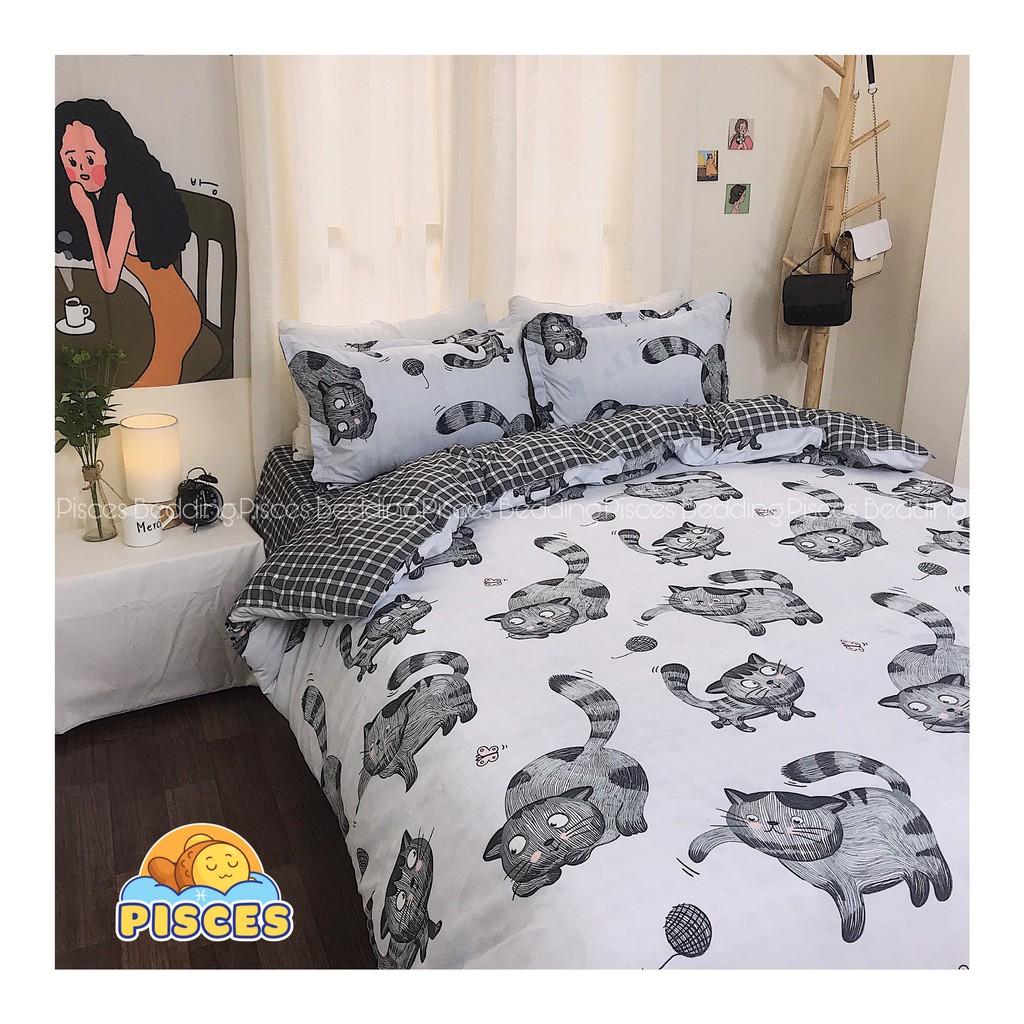 Bộ Chăn Ga Gối Cotton Poly Hình Mèo Đen Dễ Thương, Chất Vải Không Xù, Không Phai Màu