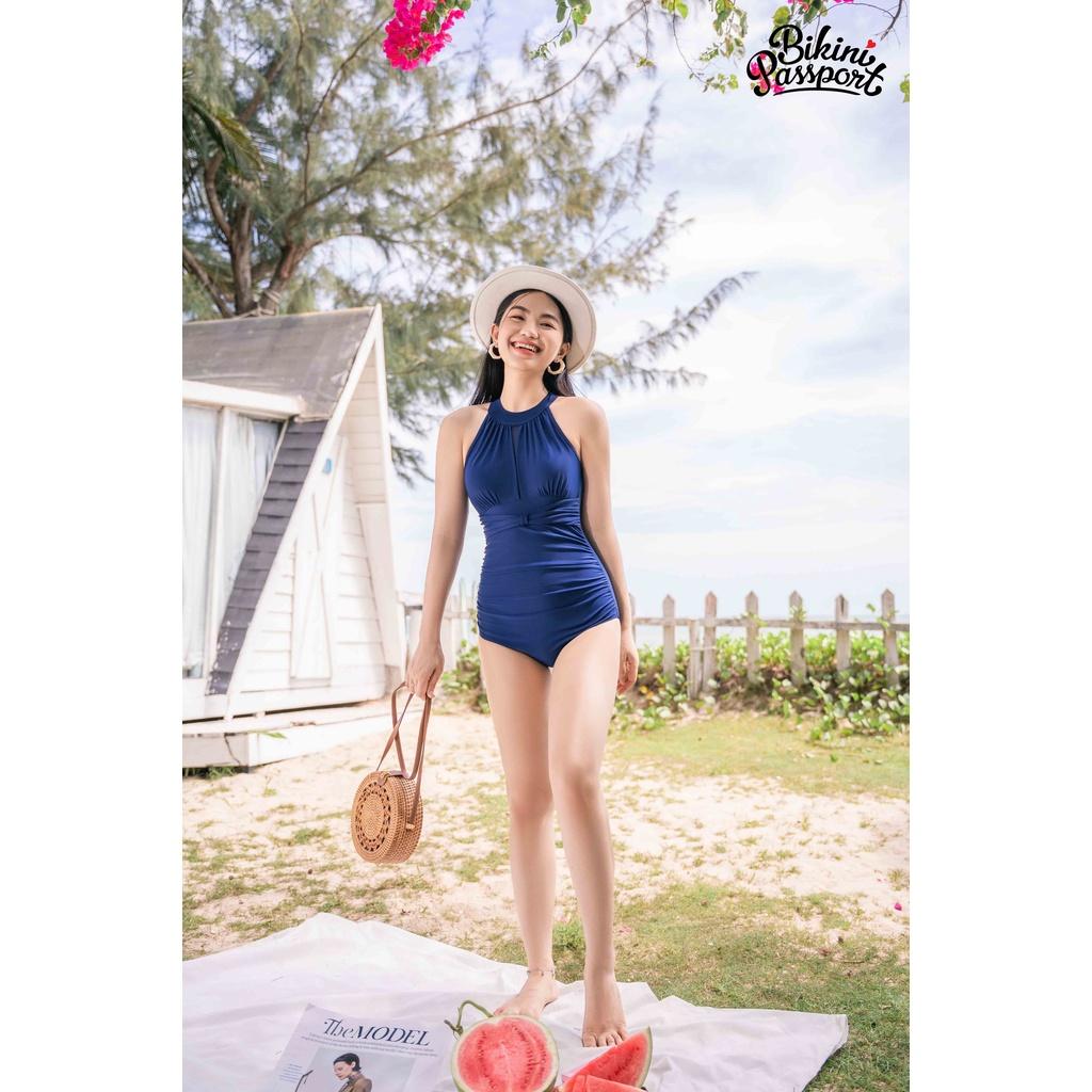 Đồ bơi Nữ BIKINI PASSPORT kiểu Một mảnh nhún cổ yếm cách điệu - Xanh Navy - BS304_NV