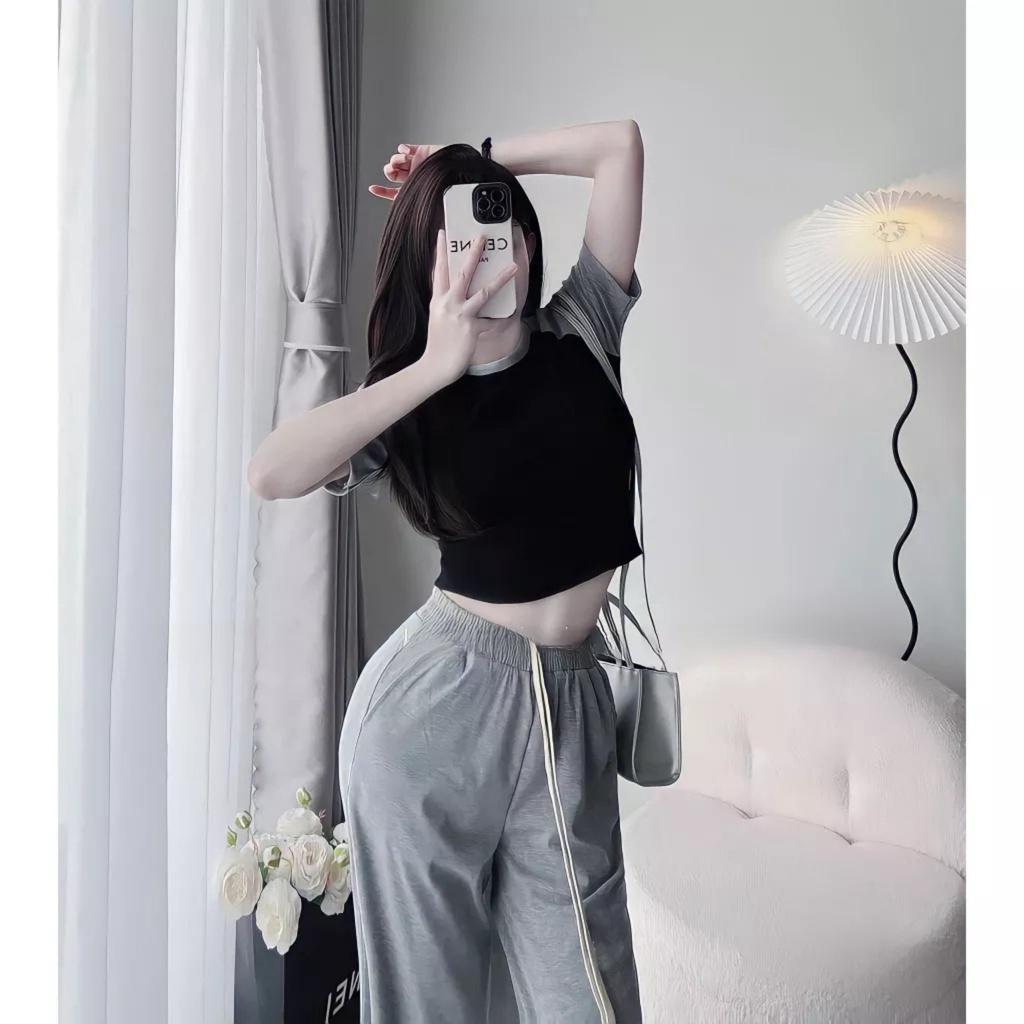 Bộ Áo Thun Ôm Tay Phối Màu Kèm Quần Ống Rộng Dây Rút Vải Cotton