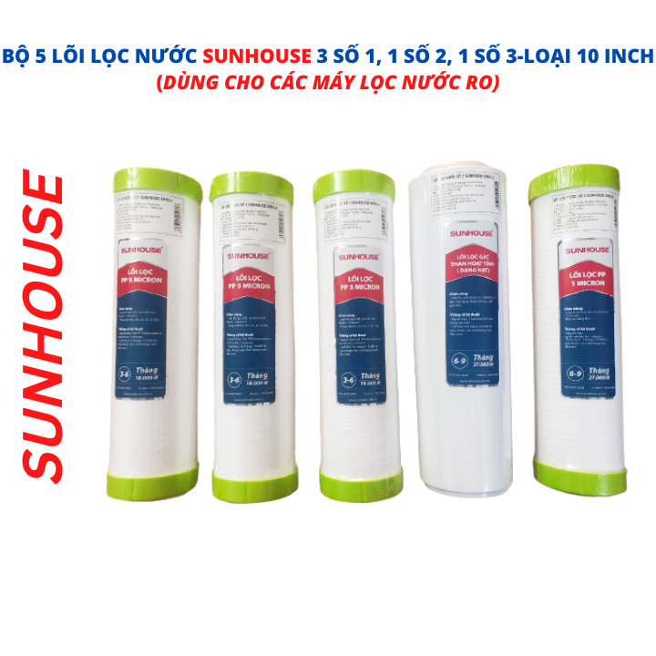 Combo 5 lõi lọc thô Sunhouse dùng cho các máy lọc nước RO cốc lọc 10&quot; - Hàng chính hãng