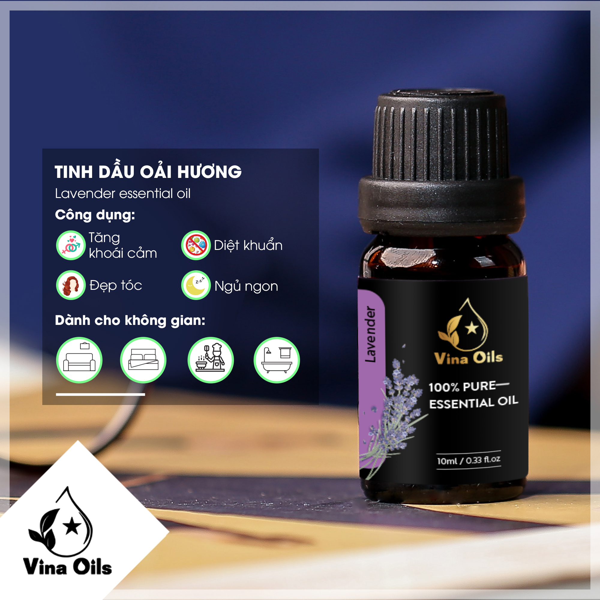 Tinh Dầu Oải Hương Vina Oils 10ml - Lavender Essential Oil 10ml - Chiết Xuất Từ Hoa - Hương Thơm Hơi The Và Ngọt, Vương Mùi Thảo Mộc, Giúp Trẻ Hóa Làn Da, Giảm Trầm Cảm, Kiểm Soát Huyết Áp, Tốt Cho Hệ Tuần Hoàn Máu