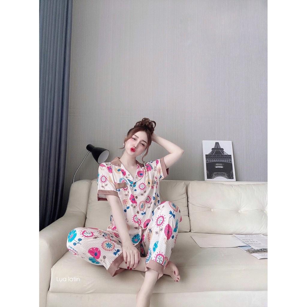 Bộ Pijama Mặc Nhà Nữ Lụa Cao Cấp Kiểu Tay Cộc Quần Dài Họa Tiết Sang Chảnh Dễ Thương