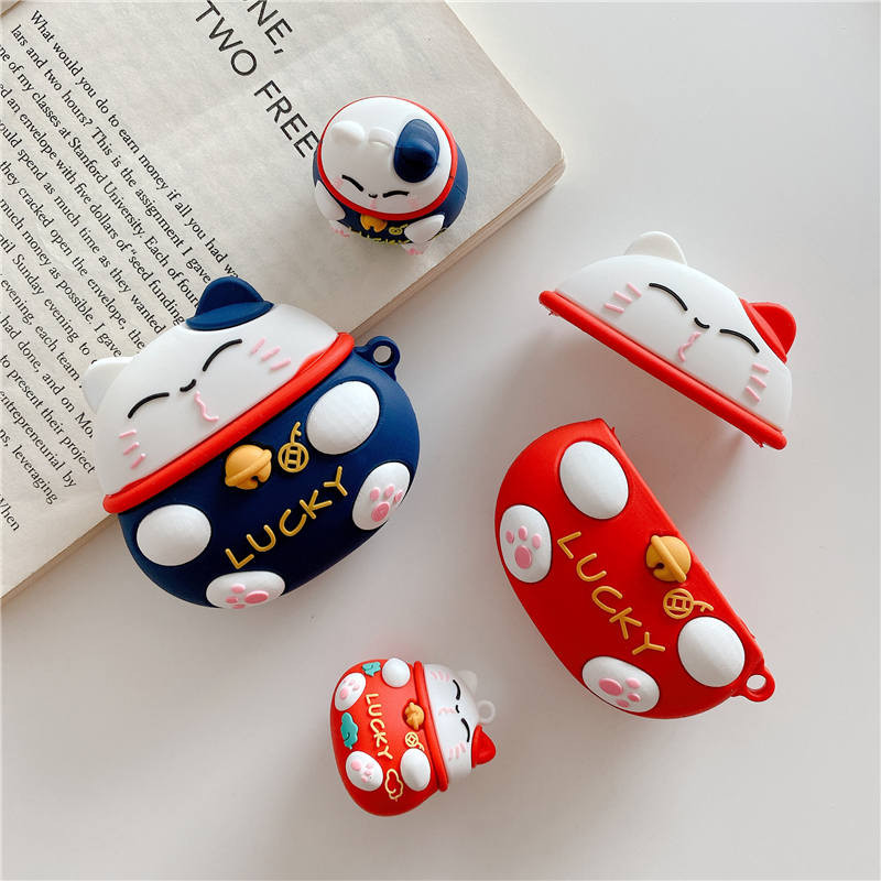 Bao case silicon chống sốc cho tai nghe Apple Airpods Pro kiểu dáng Mèo thần tài phiên bản Lucky đem lại may mắn cho người sử dụng (chống vân tay, chống bám bẩn, vật liệu cao cấp) - Hàng nhập khẩu