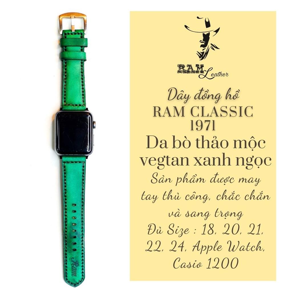 Dây đồng hồ da bò thảo mộc vegtan xanh ngọc handmade bền chắc RAM