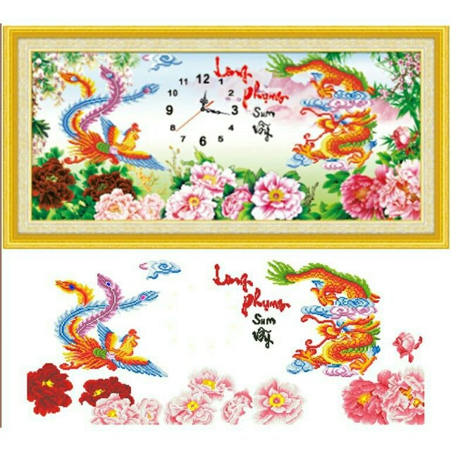 Tranh đính đá Đồng hồ- Long Phụng Sum Vầy chưa đính đá