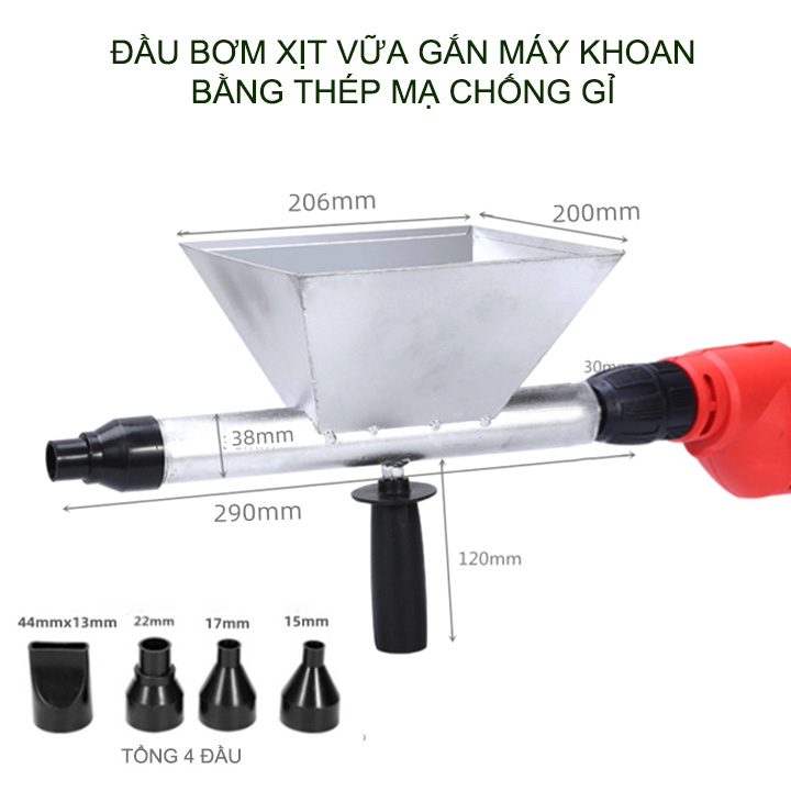 Đầu phun xịt vữa cầm tay gắn máy khoan thông minh tiện dụng, bằng thép mạ chống gỉ
