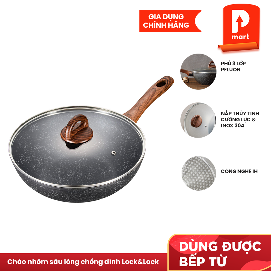 Chảo Nhôm Sâu Lòng Chống Dính Lock&amp;Lock Baum Marble 1 Tay Cầm, Nắp Thủy Tinh LBU1305 (30cm)