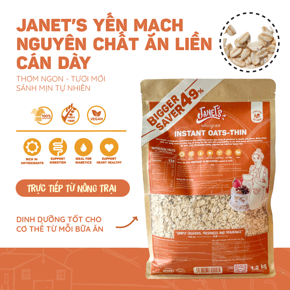 Yến mạch nguyên chất ăn liền cán dày Janet's 1.2kg