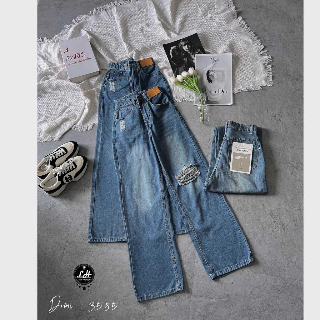 Quần jean nữ ống rộng, quần bò màu xanh rách gối rách lưng có tag cạp cao Lê Huy Fashion MS 3585