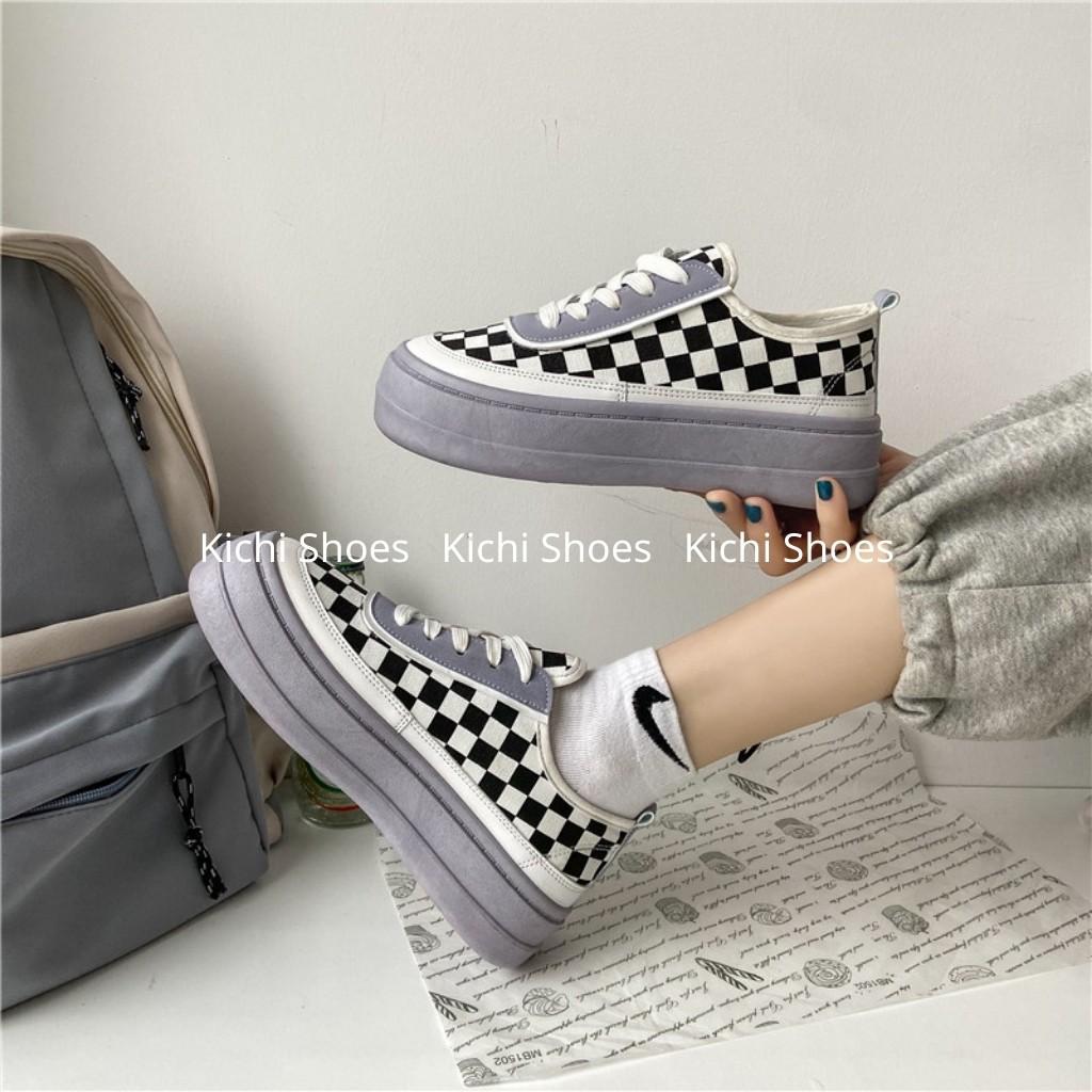 Giày nữ độn đế tăng chiều cao caro Full Box siêu êm chân Giày thể thao đế bằng bánh mì mã 7806 - Kichi Shoes