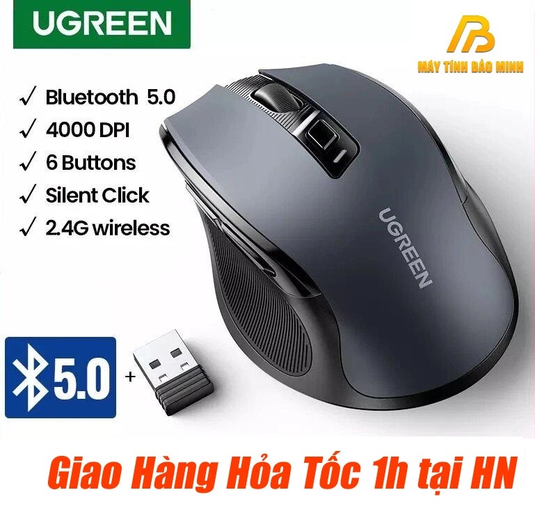 Chuột Bluetooth 5.0 và Wireless 2.4Ghz Ugreen 90855 ( Silent) - Hàng Chính Hãng